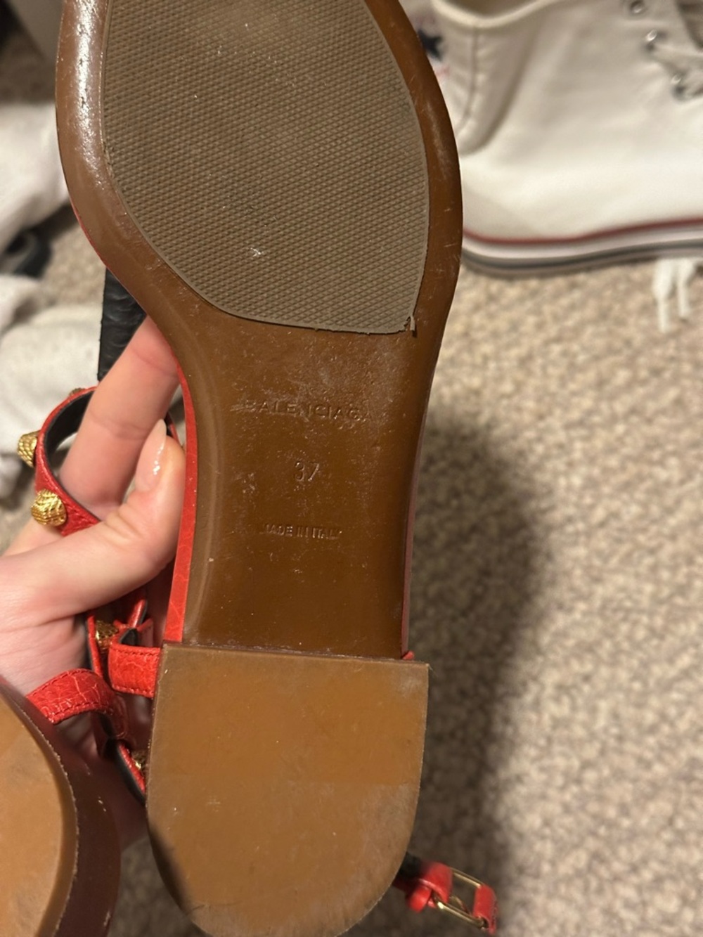 Balenciaga Red Leather Studded T-Strap Sandals with Gold Accents - Picture 2 of 5